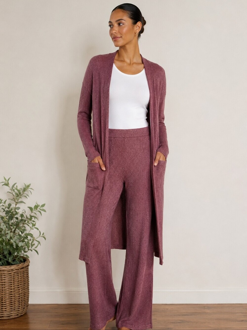 2 Piece Waffle Knit Long Open-Front Knit Cardigan With Pants - Dusty Rose Large